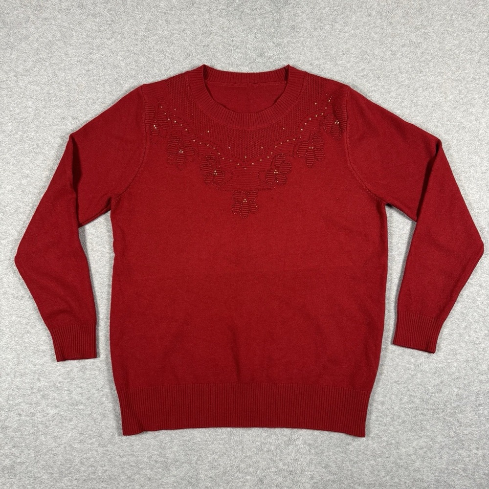 Red Knit Sweater Women's Beaded Rhinestone Floral Crew Neck Long Sleeve Pullover